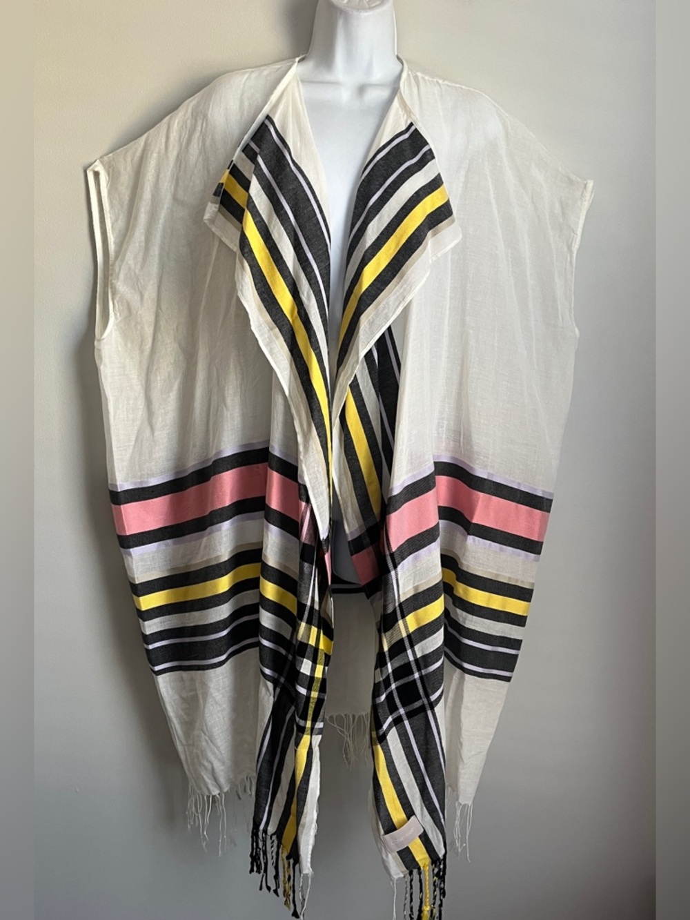 New Calvin Klein Ivory Color Strip Fringe Hem Boho Kimono Shawl Top One Size